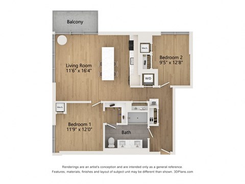 Floor plan for 2 beds, 1 bath, 897 sqft